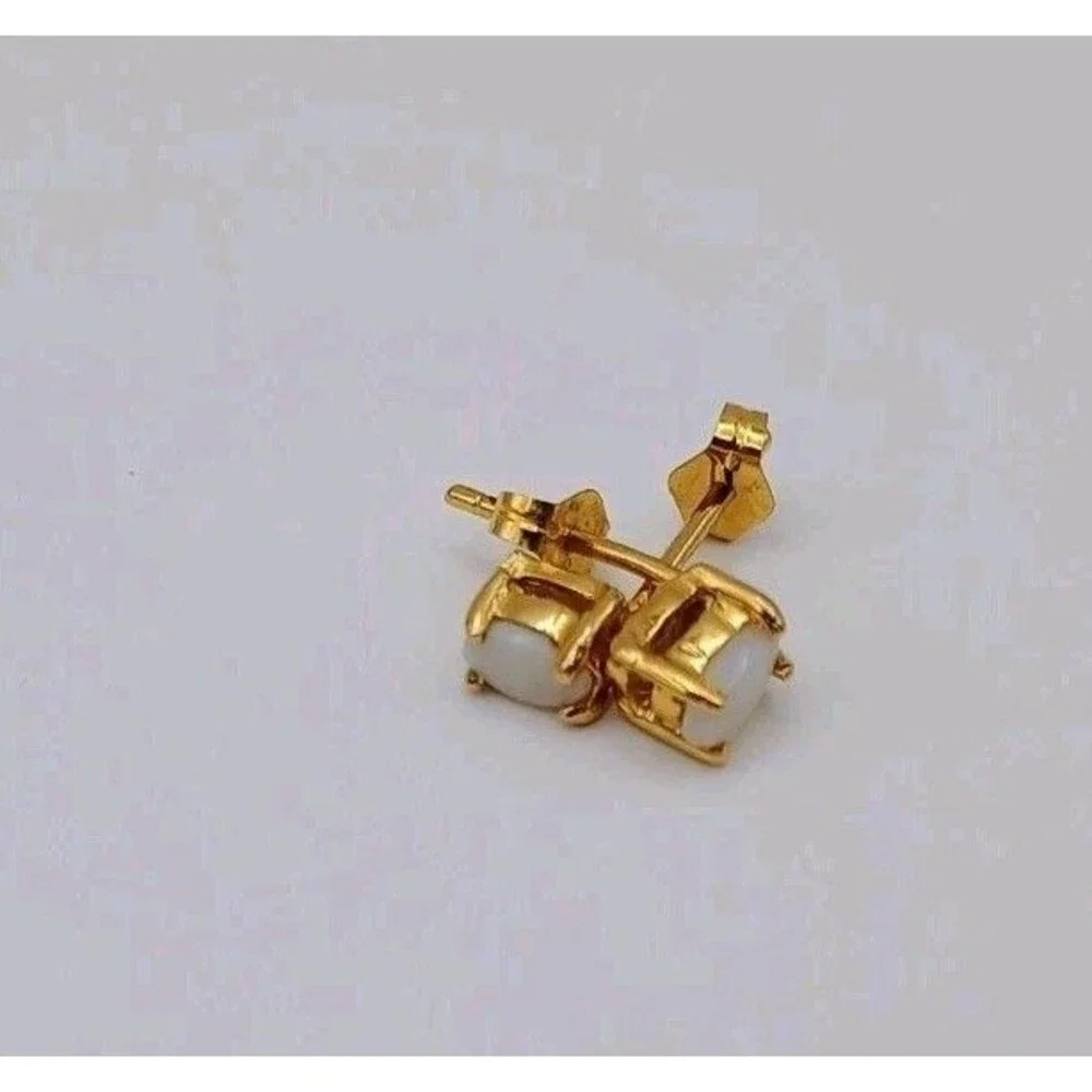 Sterling Silver Gold-Tone Stud Oval White Faux Opal Earrings - Picture 3 of 6